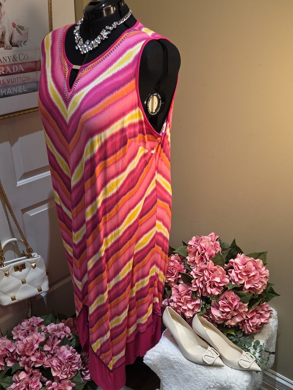 Nwt 4X Catherines Pink Chevron Sleeveless Maxi Dress with Keyhole No Pockets - Picture 14 of 16